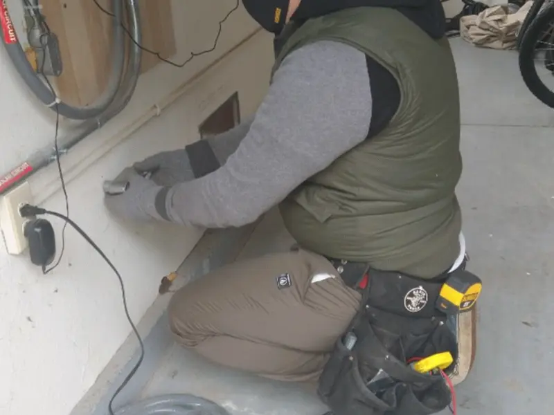 Electrician performing outlet wiring in a Mead garage
